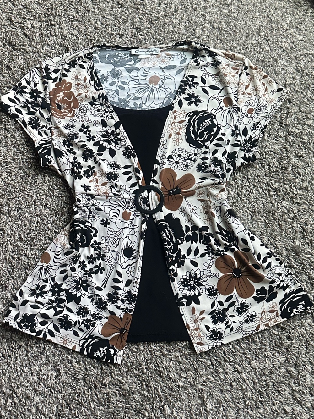 Claudia Richard Black, Brown & Cream Floral V-Neck Tunic with Ring Accent